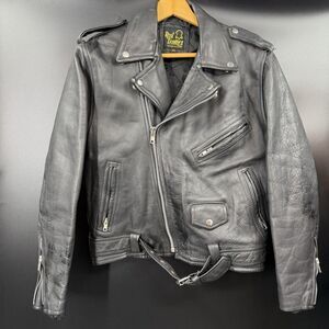 AWESOME VINTAGE RARE REAL LETHER ZIP BLACK MOTORCYCLE JACKET MEN'S SIZE 40